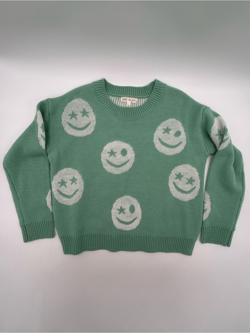 Belle Du Jour Mint Green Smiley Intarsia Crewneck Sweater Size Medium